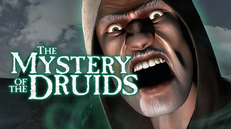 A hooded druid screams on the cover of The Mystery of the Druids