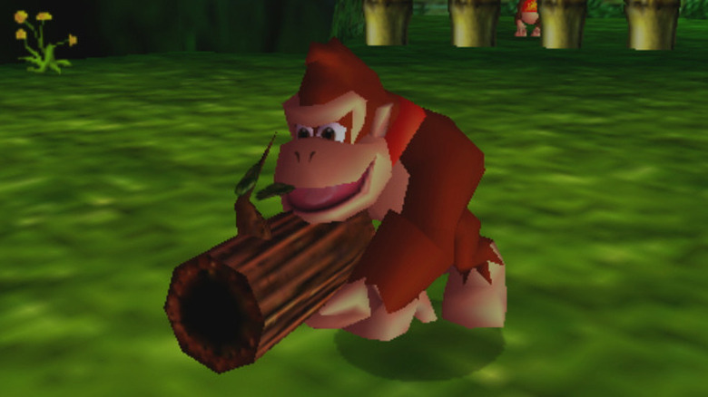 Donkey Kong holds a large wooden gun in "Donkey Kong 64" (1999)