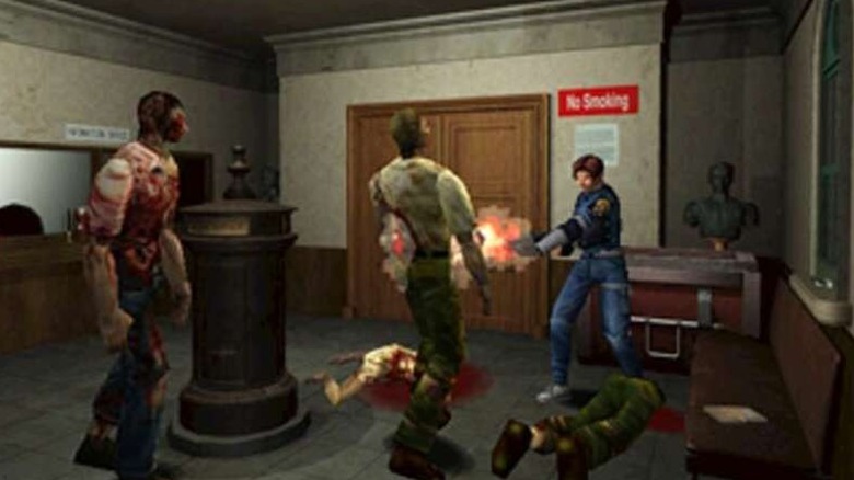 Leon S. Kennedy blasts incoming zombies in "Resident Evil 2" (1998)