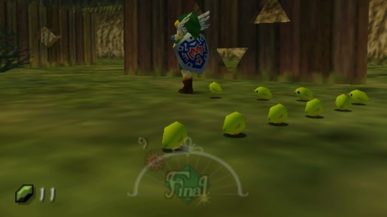 Link marches with chicks lined up behind him in "The Legend of Zelda: Majora's Mask" (2000)