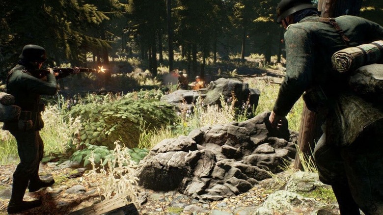 Battalion 1944 characters running with weapons on a grassy hill