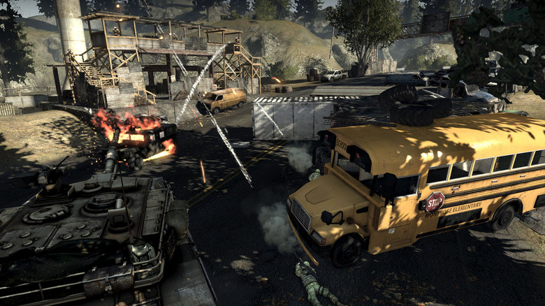 A Homefront map showcasing a school bus and tank