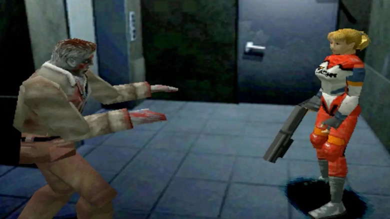 Elza Walker faces a zombie while holding a grenade launcher in Resident Evil 1.5