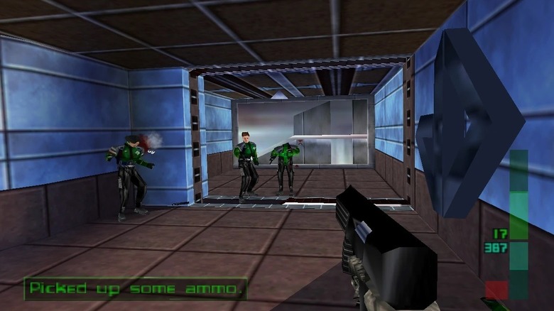 Joanna Dark shooting in the game room in Perfect Dark