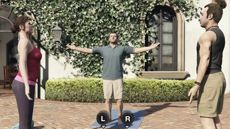 Michael De Santa practices yoga alongside his wife and a yoga instructor in Grand Theft Auto 5