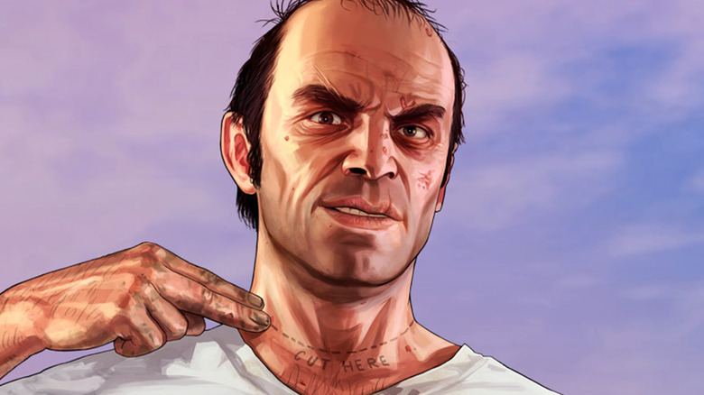 Trevor Philips holds his hands to his neck in promotional art for Grand Theft Auto 5