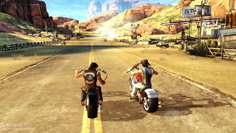 Jake Conway rides alongside a rival biker on a motorcycle in Ride to Hell: Retribution