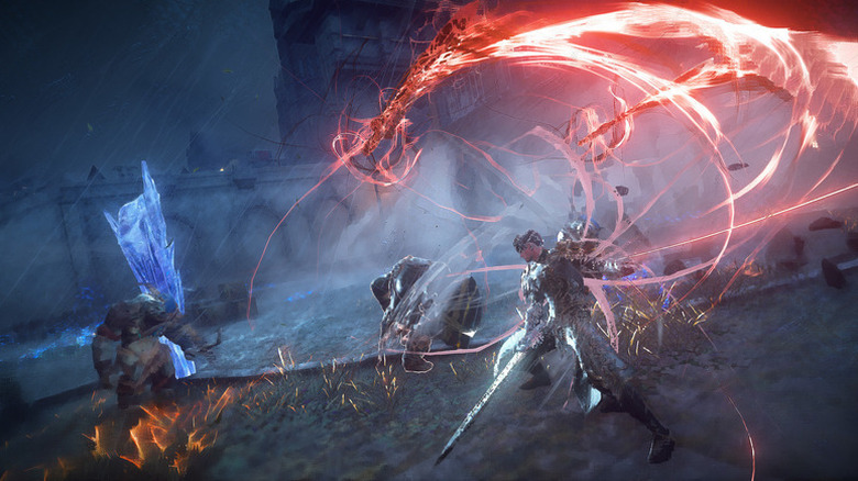 A player character casts a magic spell against incoming enemies in Babylon's Fall