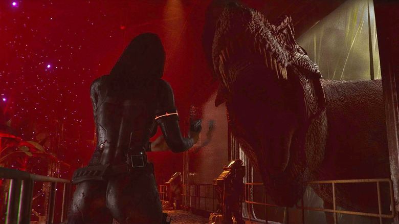 Violet faces a T-rex in the darkness in Code Violet