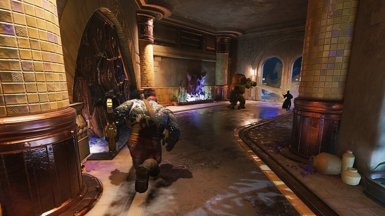 A large soldier charges through a hallway in Concord