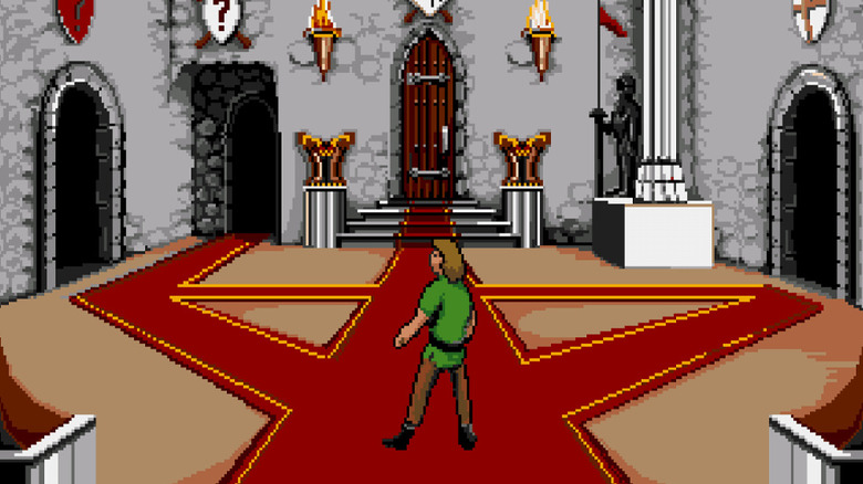 Duncan faces a series of doors inside a castle in Dark Castle