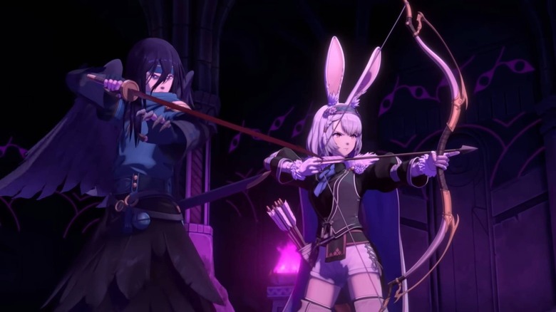 A swordsman draws his blade and an archer with bunny ears notches an arrow in her bow in "Fire Emblem Shadows"