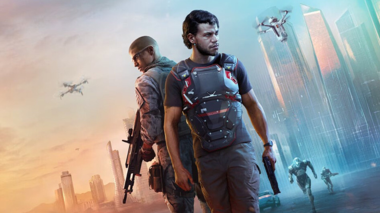 Jacob Diaz strides next to Redrock with robots whirring around him on the cover art for "MindsEye"