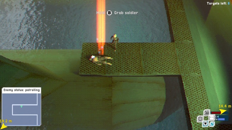 The player character stands over an unconscious enemy on a platform by water in "Spy Drops"