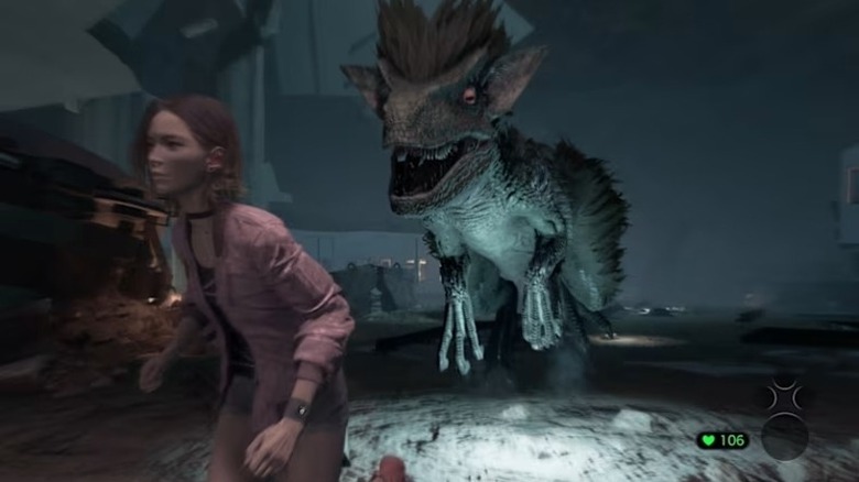 Anne is chased by a dinosaur underground in Tokyo Scramble
