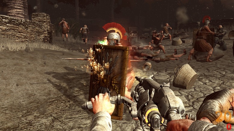 Player shooting Roman soldier with machine gun in Darkest of Days