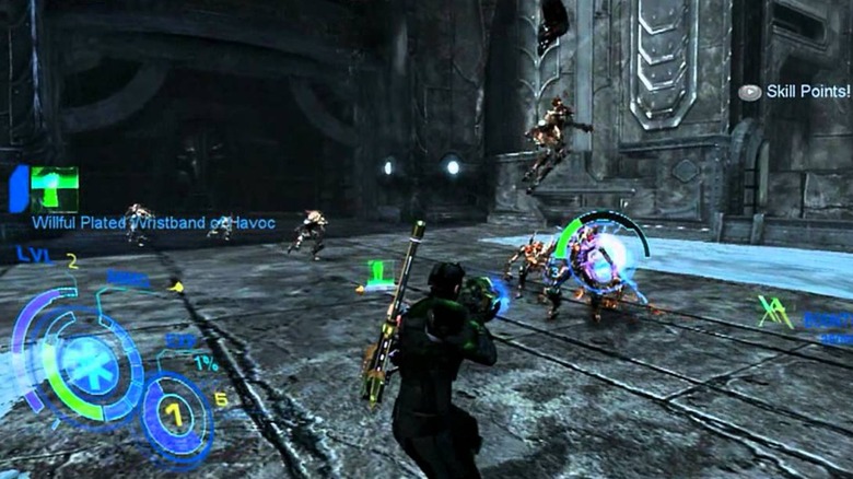 Player shooting robotic enemies in Too Human
