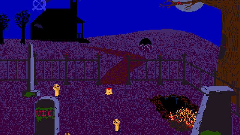 Hands begin emerging from a graveyard by a darkened house in "Chiller" (1986)