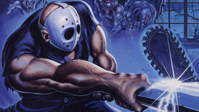 Rick Taylor swings a large butcher knife on the arcade flyer for "Splatterhouse" (1988)