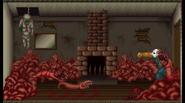 Rick Taylor punches monstrous worms in a grisly room in "Splatterhouse" (1988)