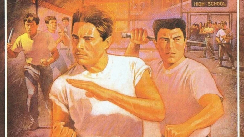 Ryan and Alex are surrounded by a street gang on the cover art for River City Ransom