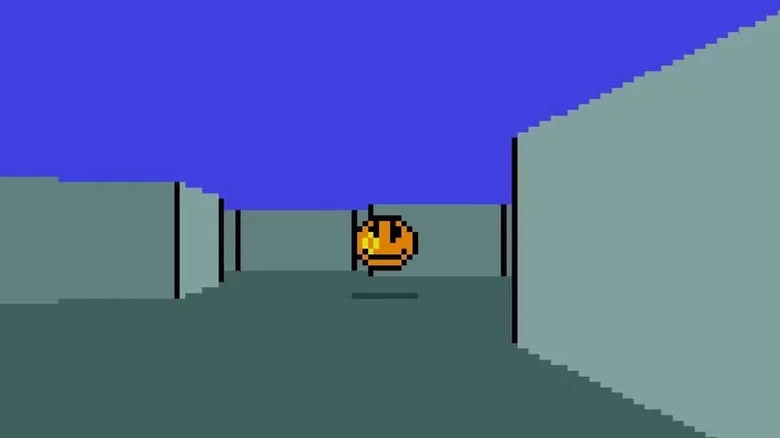 A yellow smiley face is shot in a maze in MIDI Maze
