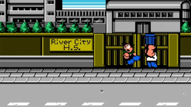 Ryan throws a trash can at an enemy outside a high school in River City Ransom