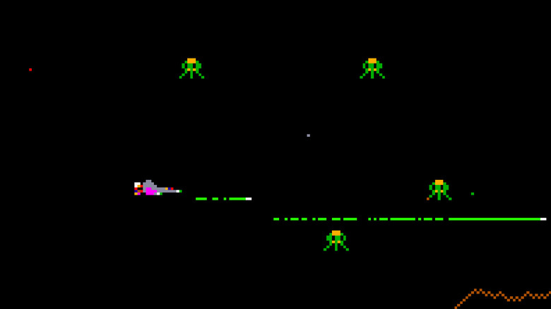 A spaceship blasts green alien landers in Defender (1981)