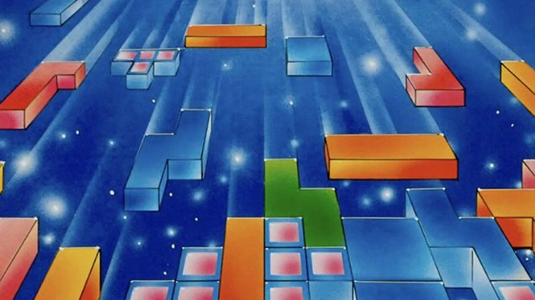 Colorful blocks descend from a starry background in the cover art for "Tetris" (1989)