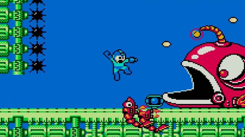 Mega Man blasts a mechanical fish in "Mega Man 2" (1988)
