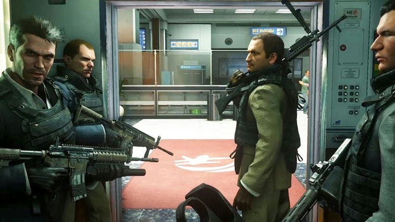 Armed Russian terrorists standing in an elevator in "Call of Duty: Modern Warfare 2" (2009)