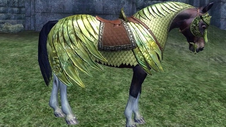 A horse wearing golden armor in "Oblivion" (2006)