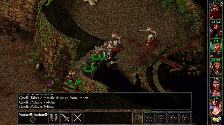 A group of heroes battle gnolls on a plateau in "Baldur's Gate" (1998)