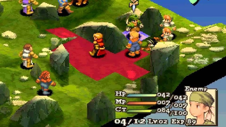 A group of medieval soldiers stand around a rocky battlefield in "Final Fantasy Tactics" (1997)