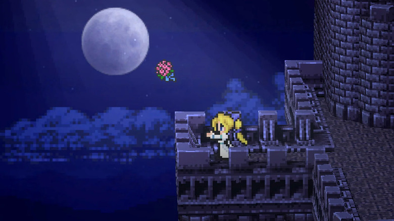 Celes Chere reaches for a floating flower over a castle balcony in "Final Fantasy VI" (1994)
