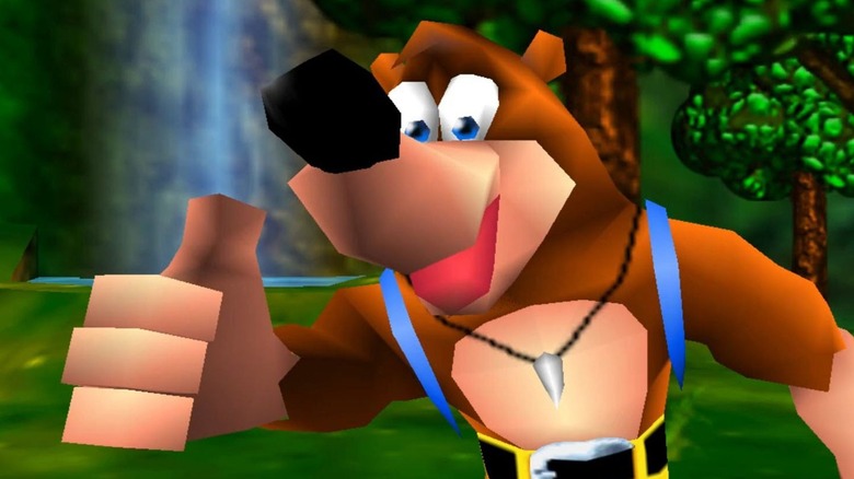 Banjo gives a thumbs up by a waterfall in "Banjo-Kazooie" (1998)