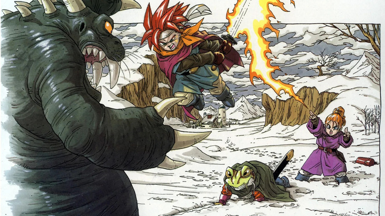 Crono, Frog, and Marle attack a large monster on the North American cover art for "Chrono Trigger" (1995)