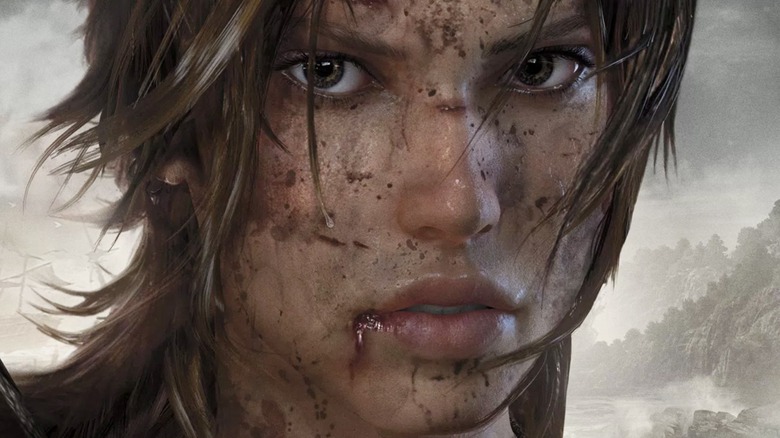 Lara Croft covered in blood and dirt