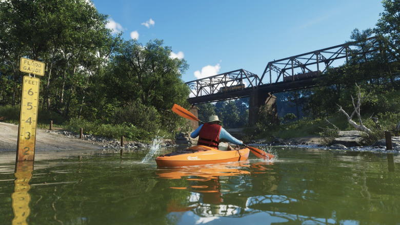 A man kayaks near a bridge in Grand Theft Auto 6
