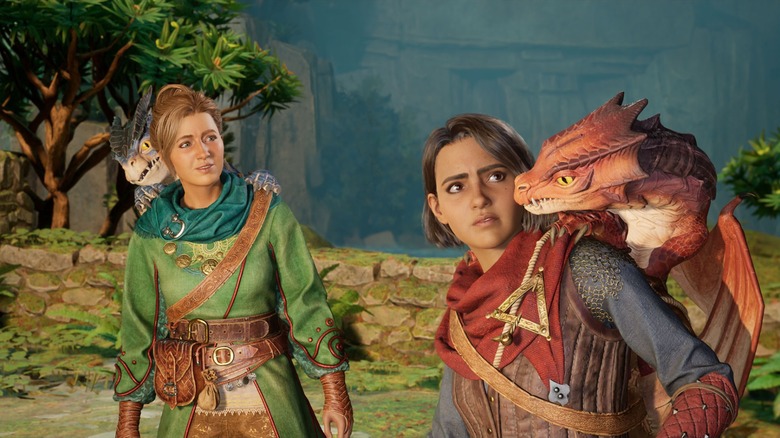 The two leads of Split Fiction with companion dragons