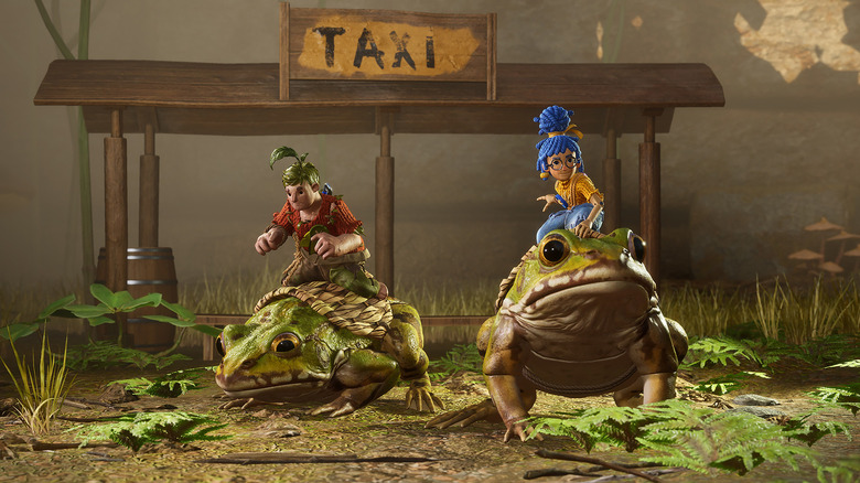 Two It Takes Two players riding frogs in a swamp