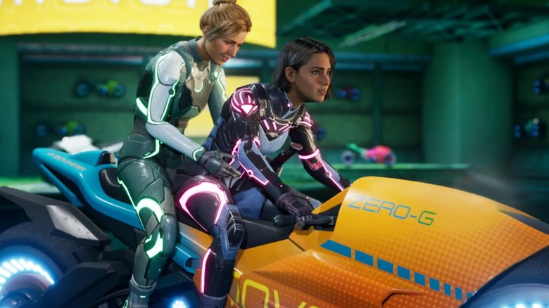 Split Fiction characters riding a sci-fi lightcycle