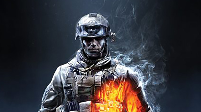 A Battlefield 3 soldier with one side burning orange on the cover art