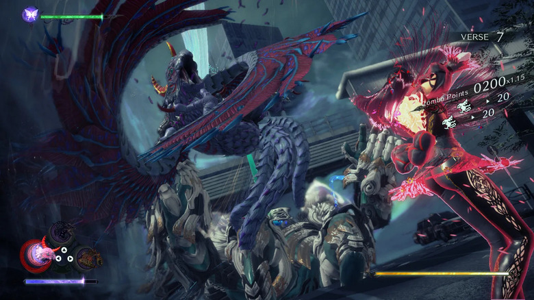 Bayonetta using the Infernal Demon Malphas to destroy a large foe in Bayonetta 3