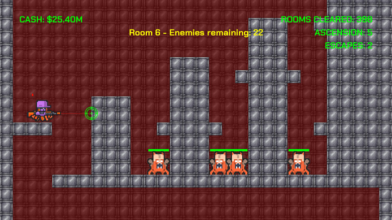 A player holding a gun prepares to jump across platforms in Escape Up