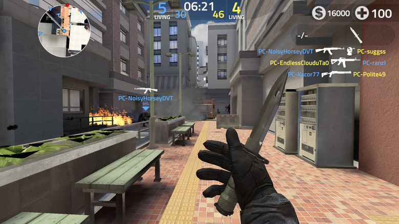 A player character advances while holding a knife in Forward Assault