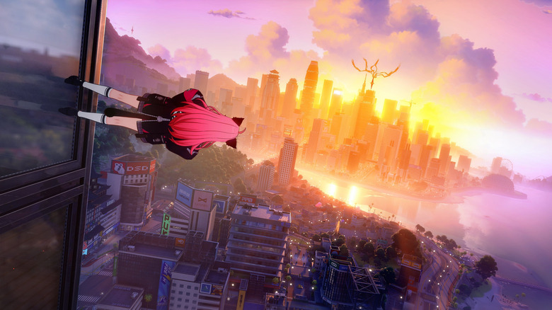 A player character stands sideways on a skyscraper in Neverness to Everness