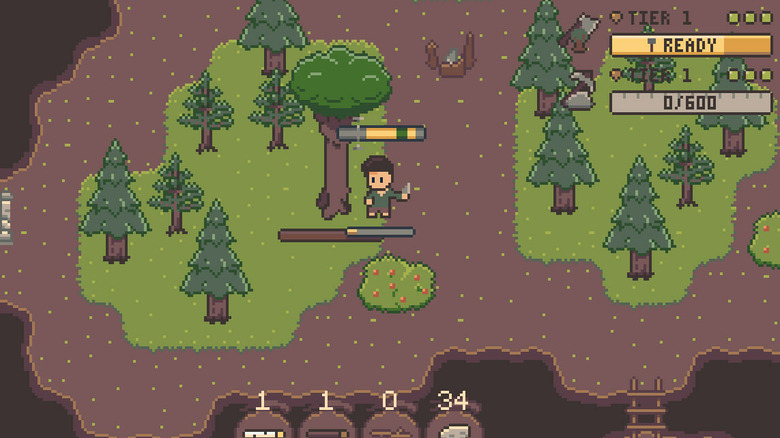 A lumberjack cuts down a tree with a hatchet in Skillwood