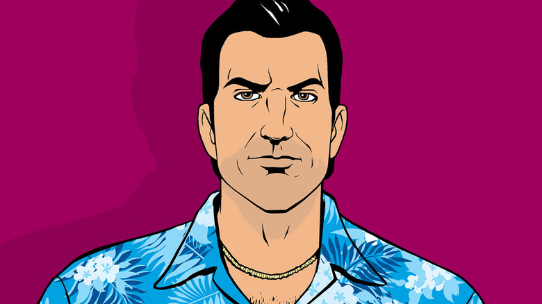 Tommy Vercetti is seen against a purple background in artwork for Grand Theft Auto Vice City