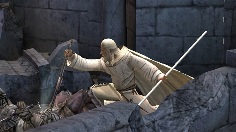 Gandalf the White stabs a fallen orc in The Lord of the Rings: The Return of the King